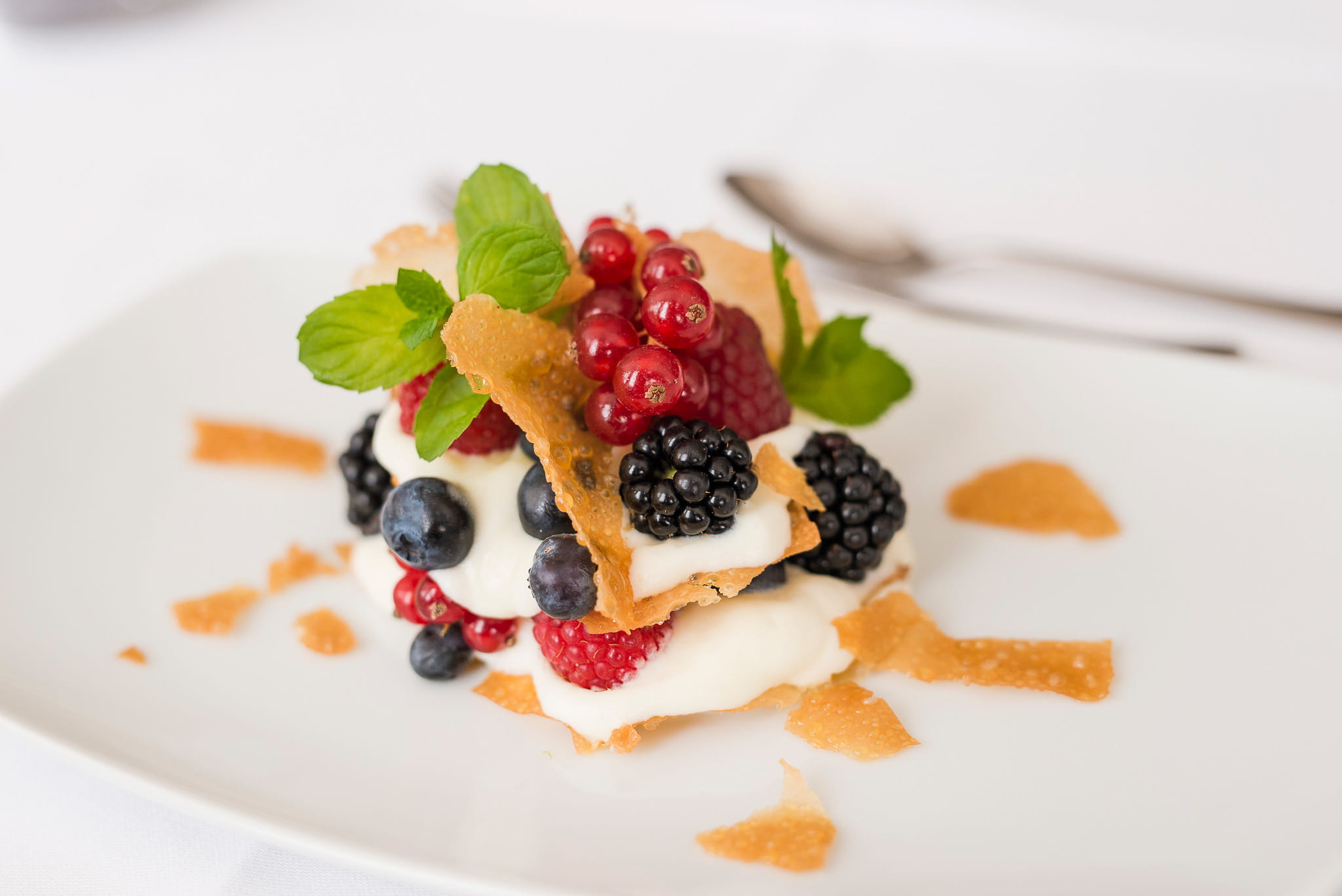 Ein Dessert auf einem weißen Teller bestehend aus geschichteter Creme, frischen Beeren wie Blaubeeren, Himbeeren und Johannisbeeren sowie knusprigen Gebäckstücken und Minzblättern als Garnitur.
